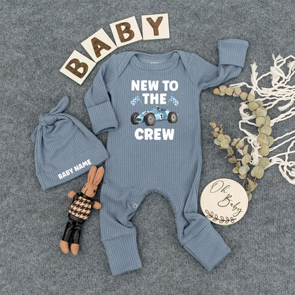 New To The Crew Racing Baby Bodysuit, Custom Name Infant Outfit, Blue Race Car Romper, #1 Newborn Coming Home Gift, Checkered Flag Clothes 137