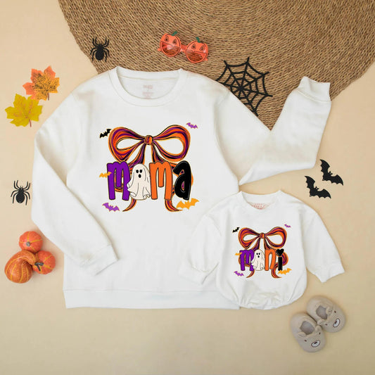Mama & Mini Halloween Matching Sweatshirts: Spooky Cute Bow Sweaters for Mom & Daughter, Girly Bat Silhouette Fall Outfit, Comfy Halloween Gift (139 chars)