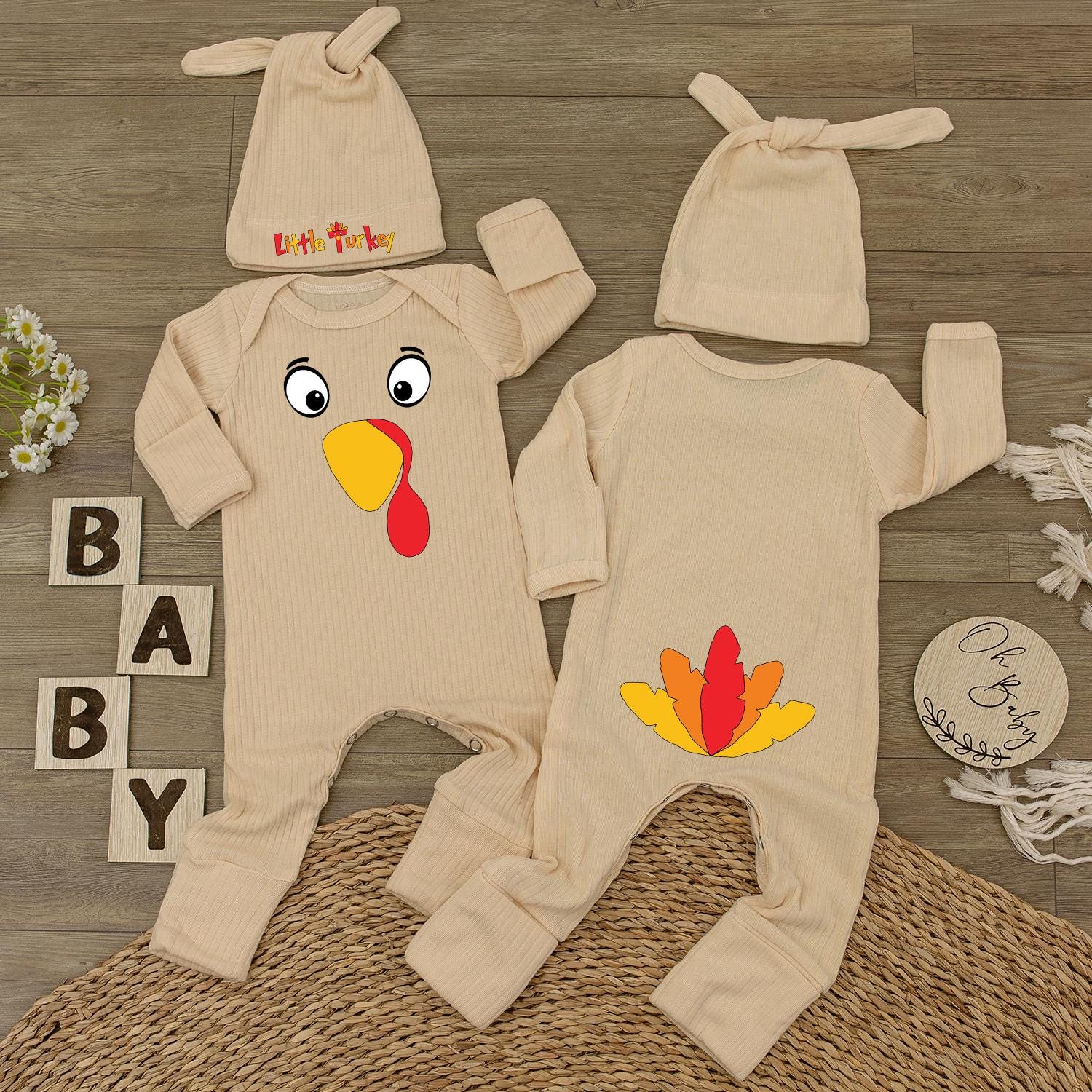 Cute Baby Turkey Romper with Hat Adorable Infant Thanksgiving Outfit Long Sleeve Fall Holiday Clothes Newborn Gift