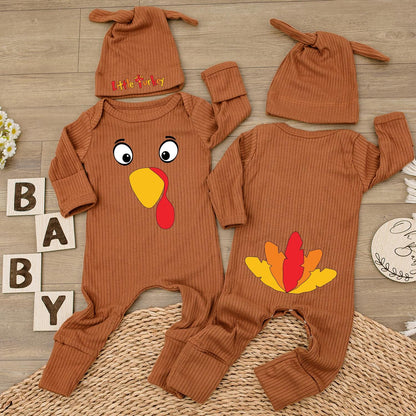 Cute Baby Turkey Romper with Hat Adorable Infant Thanksgiving Outfit Long Sleeve Fall Holiday Clothes Newborn Gift