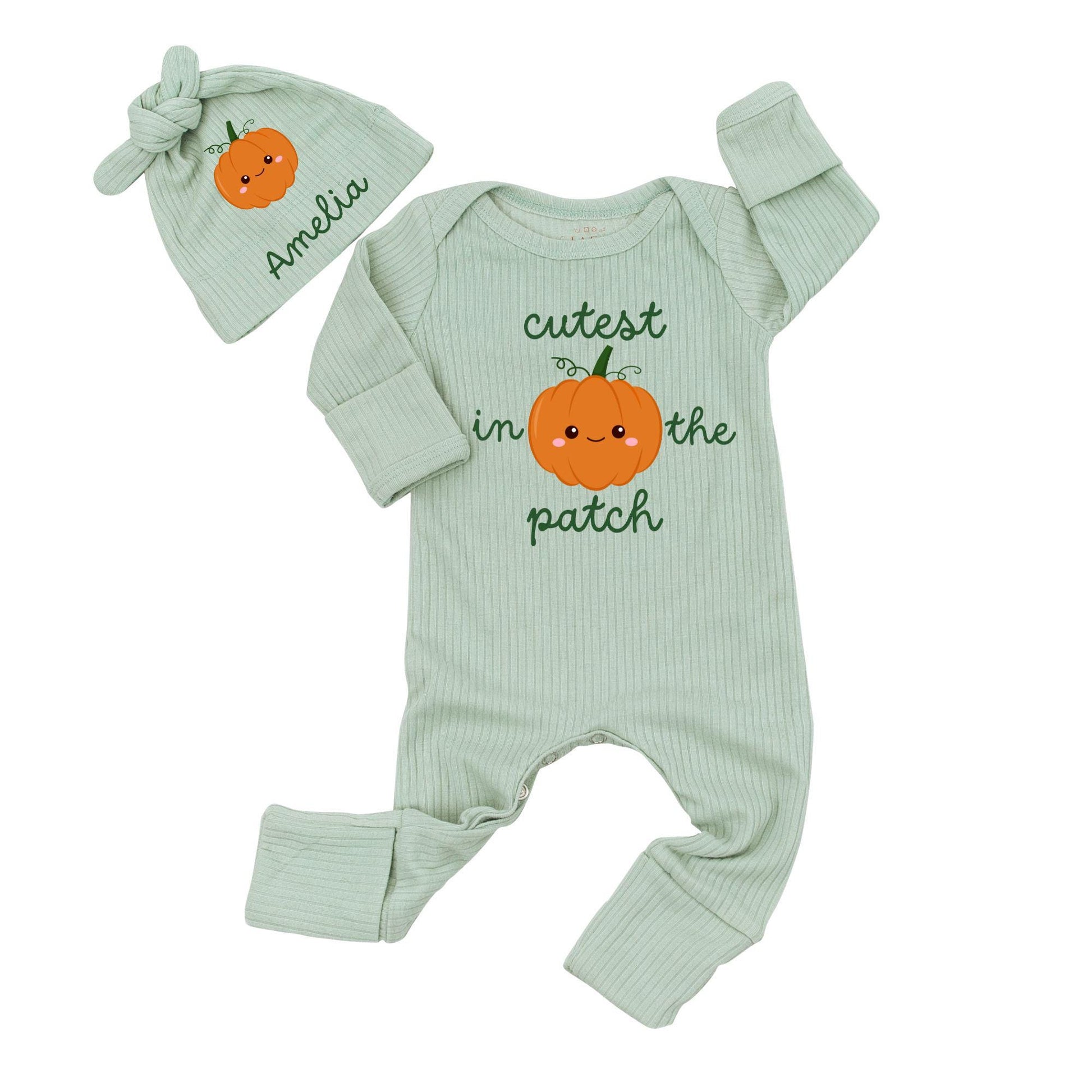 Cutest In The Patch Smiling Pumpkin Baby Romper Fall Halloween Outfit Newborn Infant Bodysuit Clothes Green Stem Design Baby Shower Gift