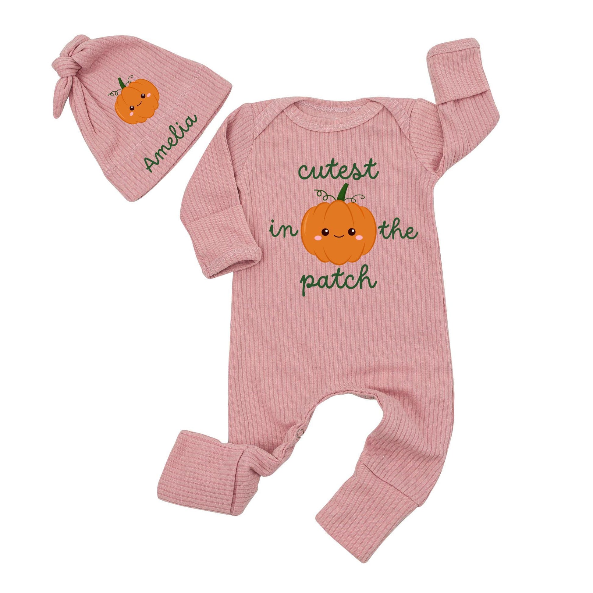 Cutest In The Patch Smiling Pumpkin Baby Romper Fall Halloween Outfit Newborn Infant Bodysuit Clothes Green Stem Design Baby Shower Gift