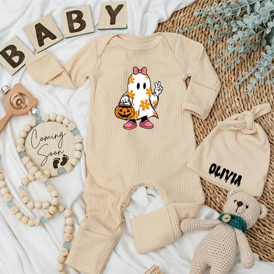 Personalized Baby Girl Ghost Bodysuit Cute Bow Ghost Floral Halloween Outfit Pumpkin Candy Bucket Spooky Baby Shower Gift