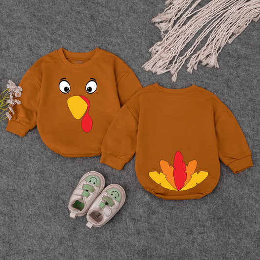 Cute Turkey Face Sweatshirt, Thanksgiving Outfit for Baby Toddler, Funny Fall Holiday Costume Shirt for Boys Girls, Playful Cartoon Design, 130-140 chars