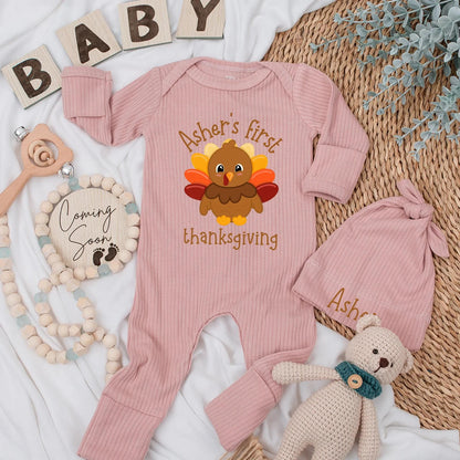 Personalized Baby's First Thanksgiving Bodysuit with Cute Turkey Name Design, Warm Fall Colors Newborn Autumn Outfit Romper Gift