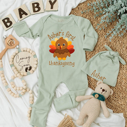 Personalized Baby's First Thanksgiving Bodysuit with Cute Turkey Name Design, Warm Fall Colors Newborn Autumn Outfit Romper Gift