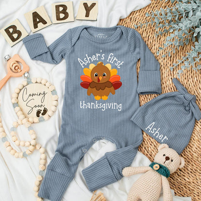 Personalized Baby's First Thanksgiving Bodysuit with Cute Turkey Name Design, Warm Fall Colors Newborn Autumn Outfit Romper Gift