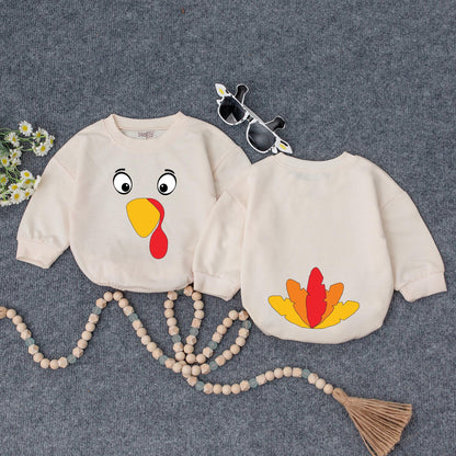 Cute Turkey Face Sweatshirt, Thanksgiving Outfit for Baby Toddler, Funny Fall Holiday Costume Shirt for Boys Girls, Playful Cartoon Design, 130-140 chars