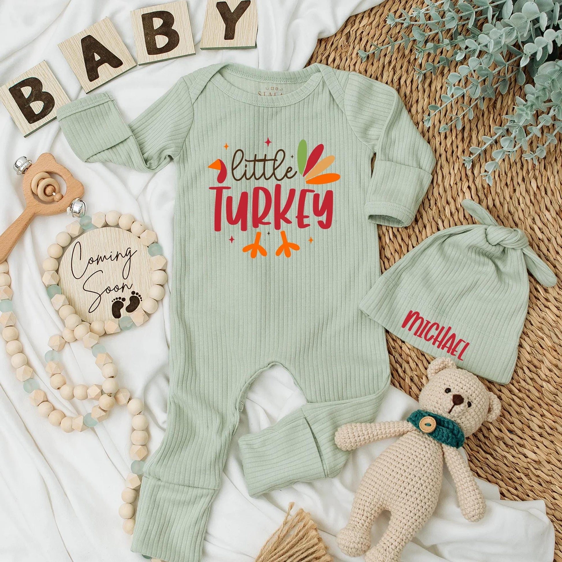 Little Turkey Baby Bodysuit Cute Fall Thanksgiving Outfit Whimsical Script & Block Fonts Autumn Baby Shower Gift