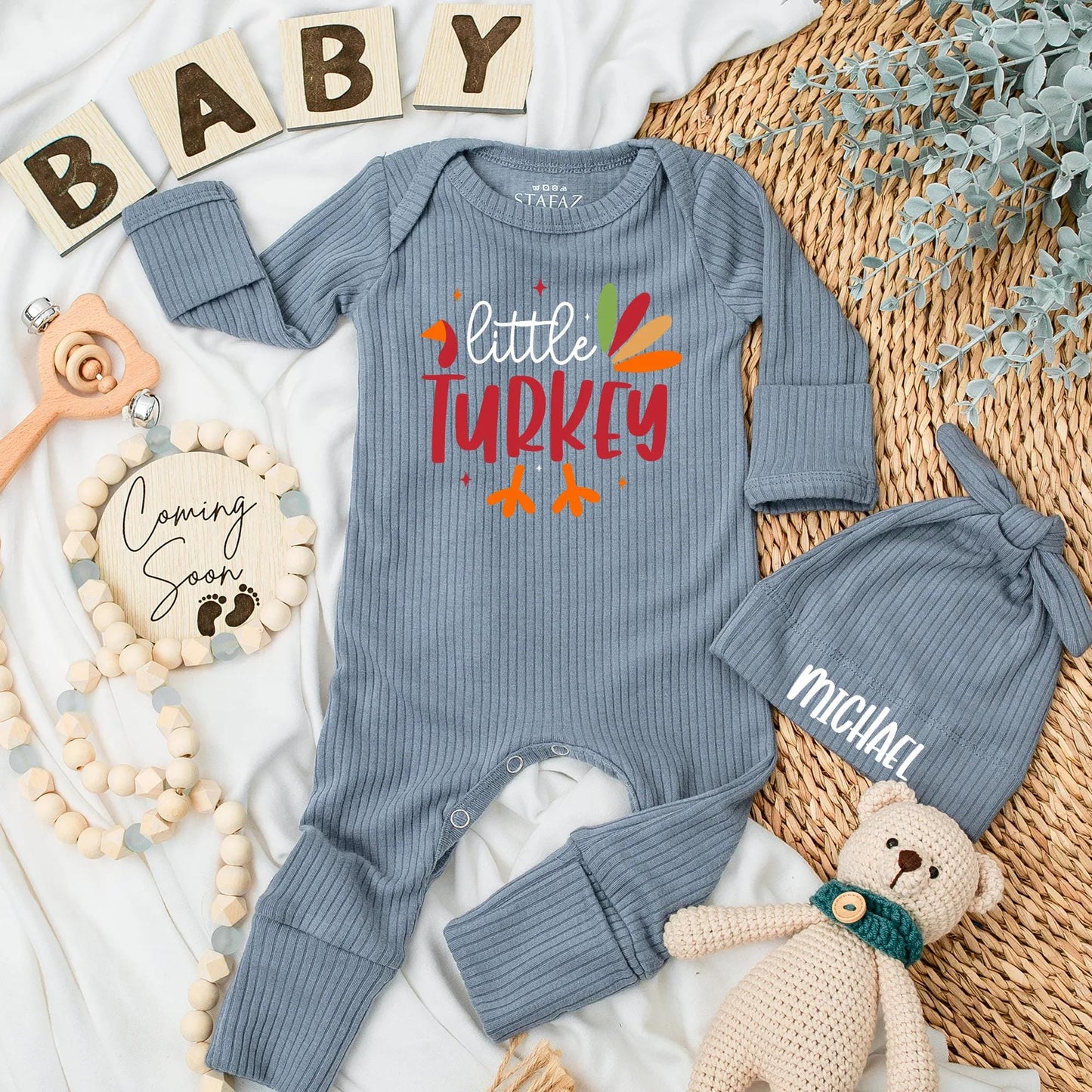 Little Turkey Baby Bodysuit Cute Fall Thanksgiving Outfit Whimsical Script & Block Fonts Autumn Baby Shower Gift