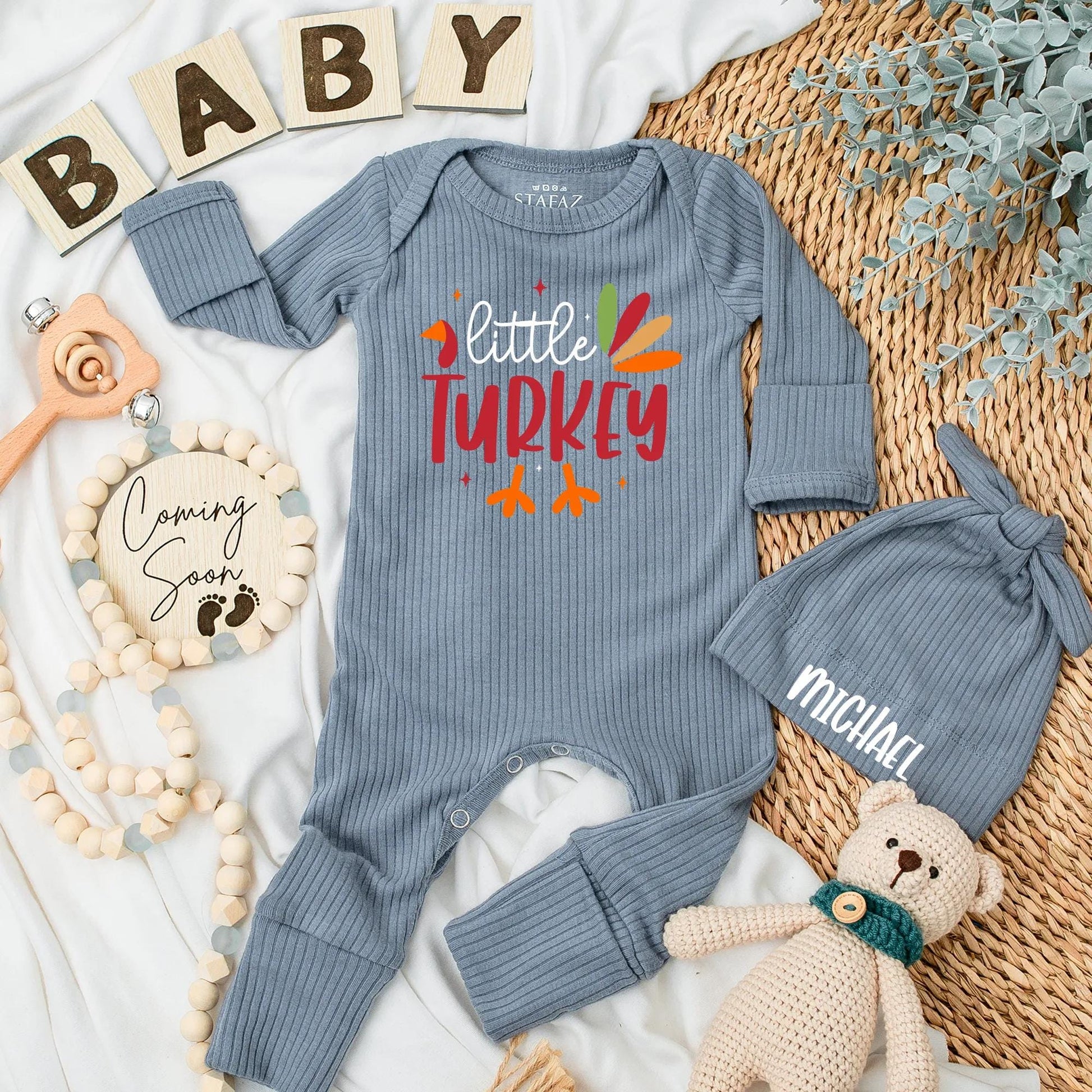 Little Turkey Baby Bodysuit Cute Fall Thanksgiving Outfit Whimsical Script & Block Fonts Autumn Baby Shower Gift
