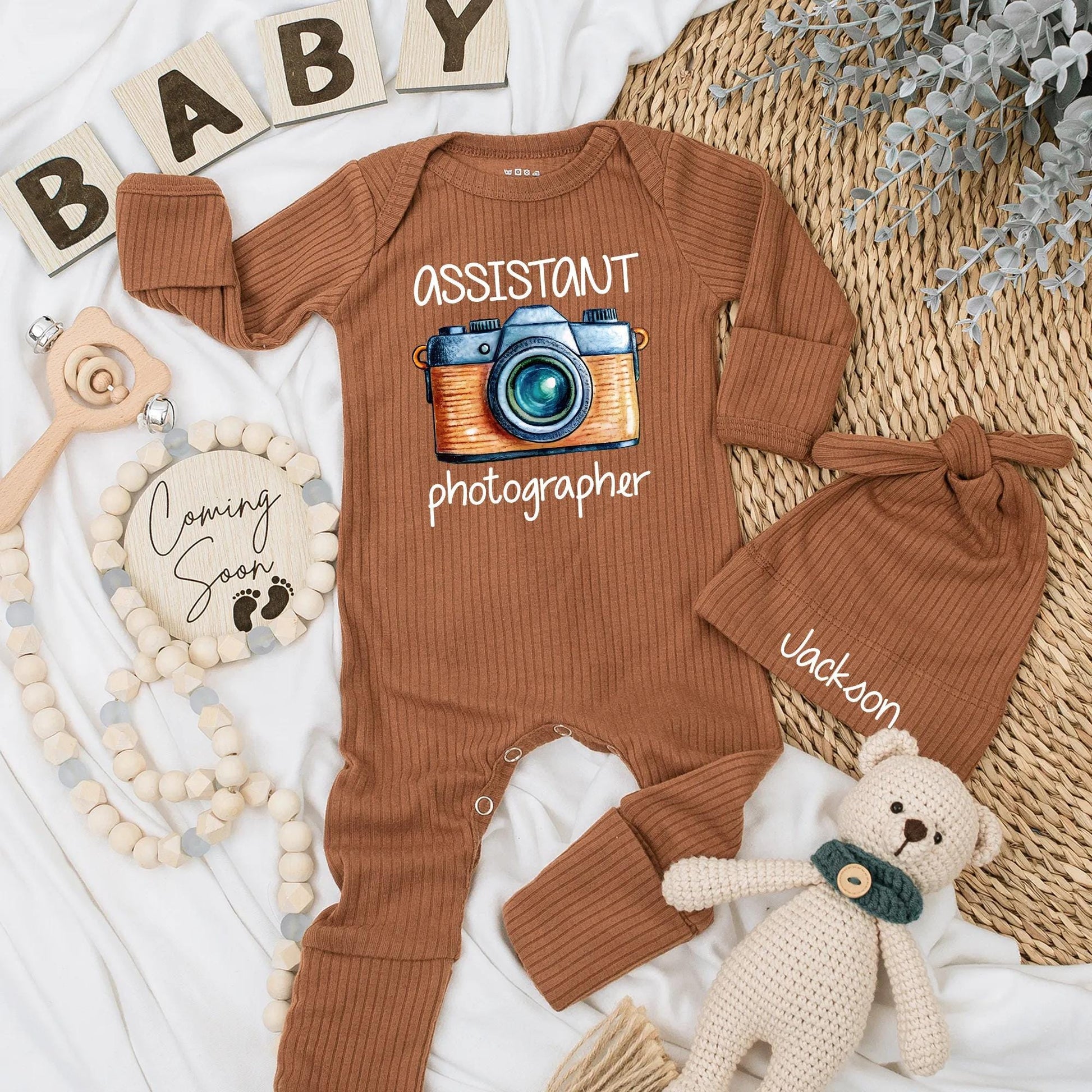 Future Photographer Baby Bodysuit Retro Camera Outfit, Cute Assistant Newborn Clothes, Unique Gift for Photographer Parents, Blue Orange Silver 138 Chars