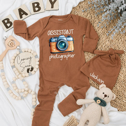 Future Photographer Baby Bodysuit Retro Camera Outfit, Cute Assistant Newborn Clothes, Unique Gift for Photographer Parents, Blue Orange Silver 138 Chars