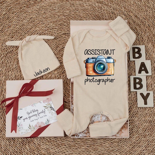 Future Photographer Baby Bodysuit Retro Camera Outfit, Cute Assistant Newborn Clothes, Unique Gift for Photographer Parents, Blue Orange Silver 138 Chars