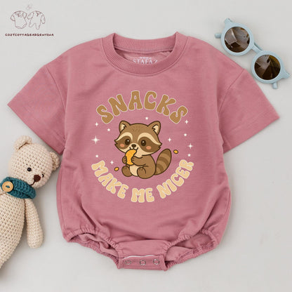 Retro Raccoon Snacks Make Me Nicer Baby Romper, Funny Cartoon Bodysuit for Little Foodies, Vintage Style Outfit, Cute Graphic Tee, Brown and Tan Design