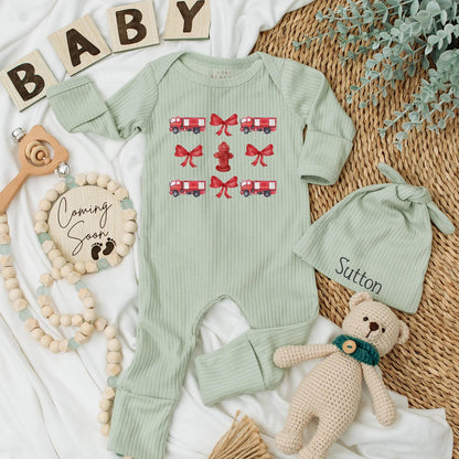 Firetruck Fun! Personalized Baby Girl Bodysuit with Red Hydrants & Bows, Firefighter Outfit Newborn Romper, Custom Baby Shower Gift, Cute Clothes (139 chars)