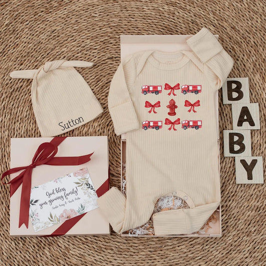 Firetruck Fun! Personalized Baby Girl Bodysuit with Red Hydrants & Bows, Firefighter Outfit Newborn Romper, Custom Baby Shower Gift, Cute Clothes (139 chars)
