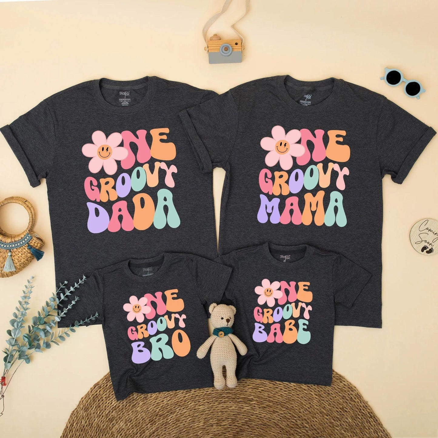 Matching One Groovy Babe Birthday Family Shirts, Groovy First Birthday Girl Outfit, Mama & Daddy Retro Pastel T-shirt, Smash Cake Set