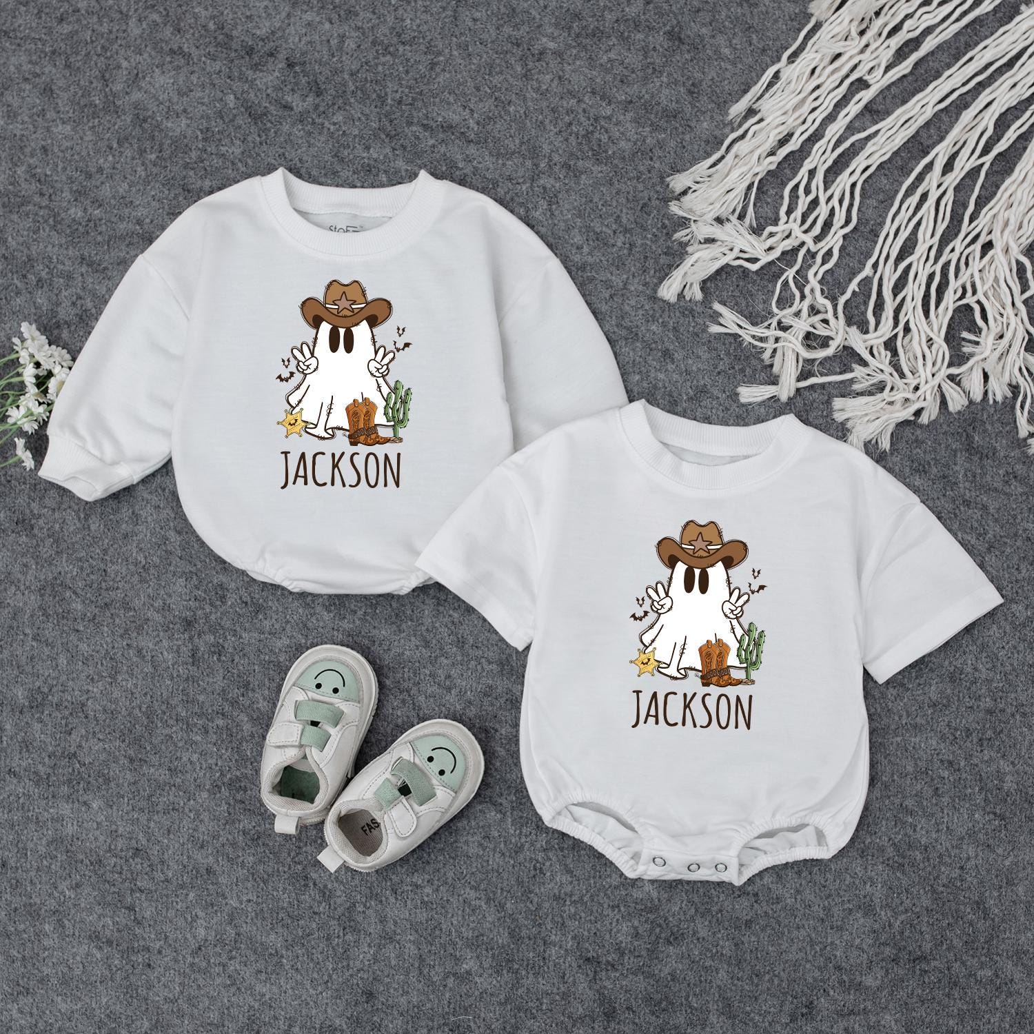 Whimsical Cowboy Ghost Baby Outfit Personalized Halloween Kids Custom Name Bodysuit Fall Toddler Sweatshirt