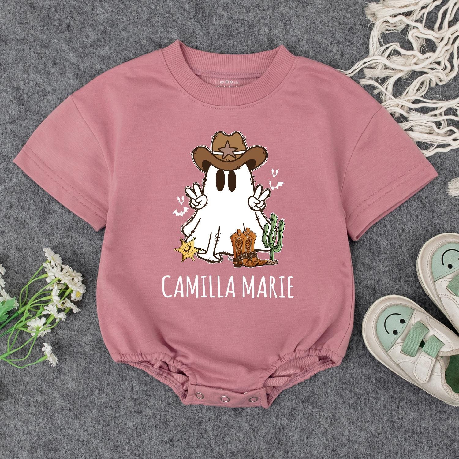 Whimsical Cowboy Ghost Baby Outfit Personalized Halloween Kids Custom Name Bodysuit Fall Toddler Sweatshirt