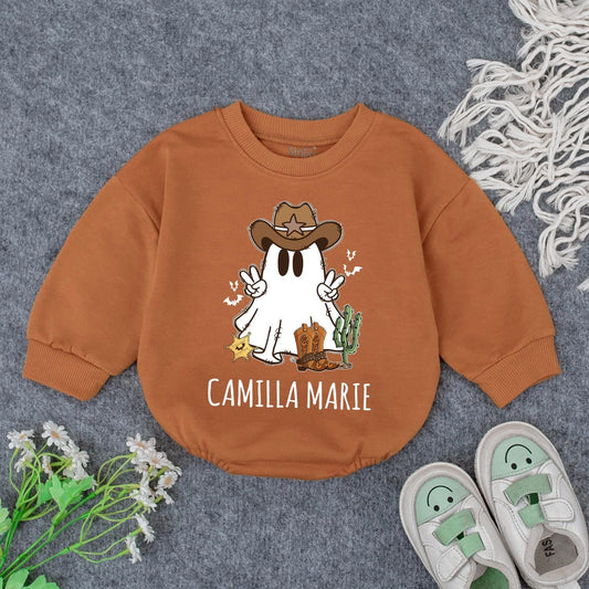 Whimsical Cowboy Ghost Baby Outfit Personalized Halloween Kids Custom Name Bodysuit Fall Toddler Sweatshirt