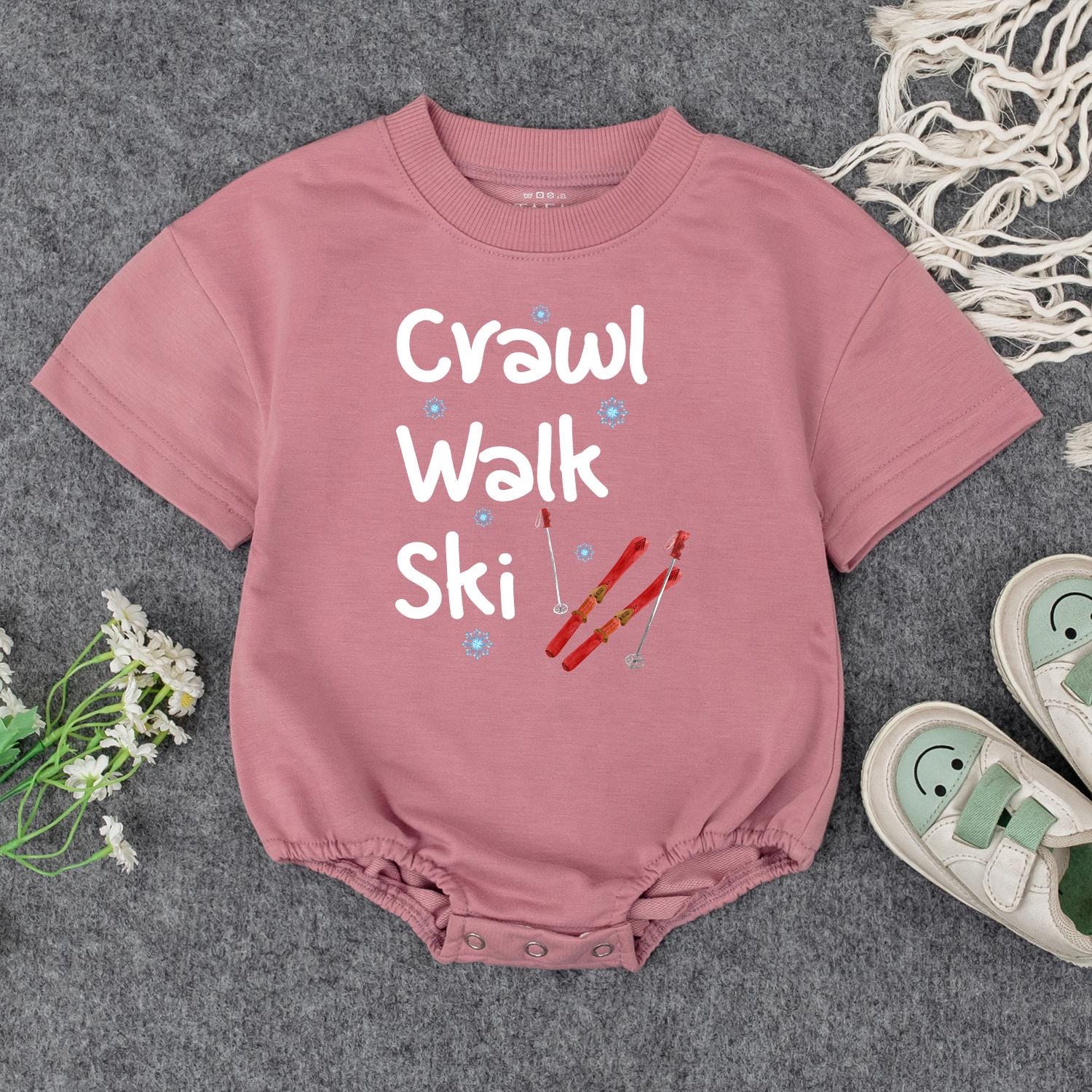 Crawl Walk Ski Baby's First Christmas Bodysuit Outfit, Funny Winter Skiing Clothes for Toddler, Cute Snowflakes Ski Gift, Comfy Cotton Infant Sweatshirt