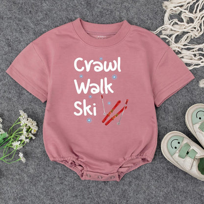 Crawl Walk Ski Baby's First Christmas Bodysuit Outfit, Funny Winter Skiing Clothes for Toddler, Cute Snowflakes Ski Gift, Comfy Cotton Infant Sweatshirt