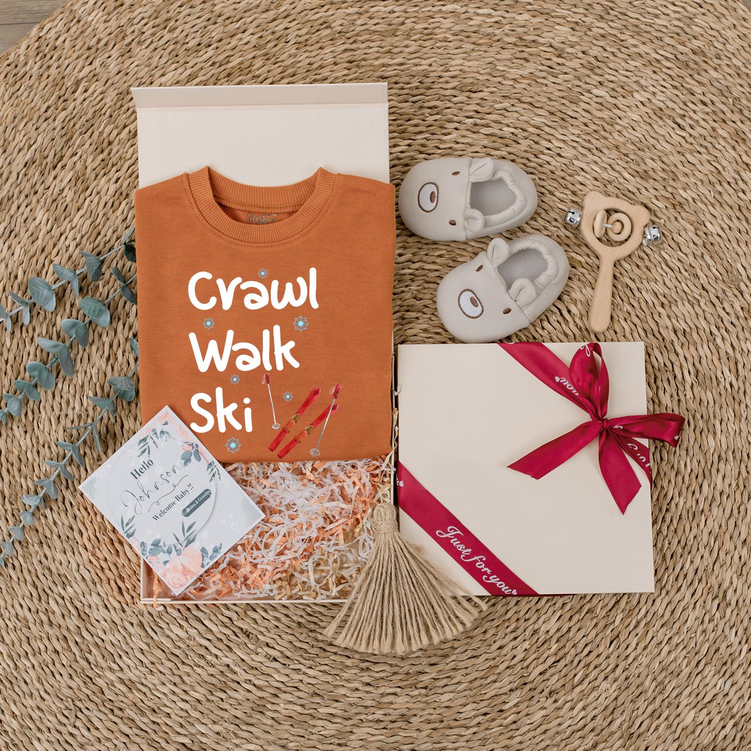 Crawl Walk Ski Baby's First Christmas Bodysuit Outfit, Funny Winter Skiing Clothes for Toddler, Cute Snowflakes Ski Gift, Comfy Cotton Infant Sweatshirt