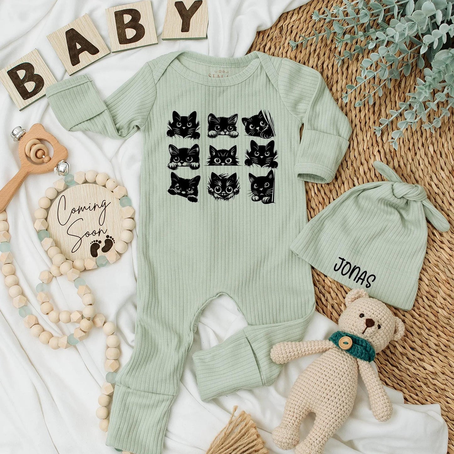 Black Cat Baby Bodysuit, Halloween Newborn Outfit with Cute Cartoon Cat Faces, Funny Baby Shower Gift for Cat Lovers