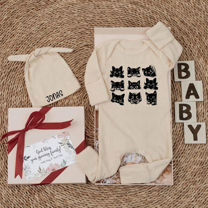 Black Cat Baby Bodysuit, Halloween Newborn Outfit with Cute Cartoon Cat Faces, Funny Baby Shower Gift for Cat Lovers