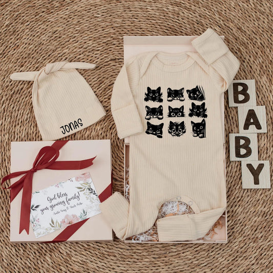 Black Cat Baby Bodysuit, Halloween Newborn Outfit with Cute Cartoon Cat Faces, Funny Baby Shower Gift for Cat Lovers