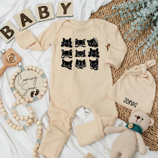 Black Cat Baby Bodysuit, Halloween Newborn Outfit with Cute Cartoon Cat Faces, Funny Baby Shower Gift for Cat Lovers