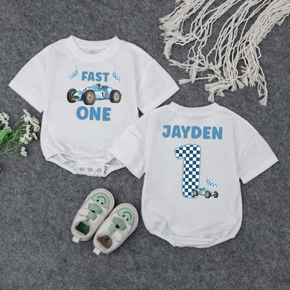 Jayden's Fast One Race Car 1st Birthday Outfit! Custom Name Racing Sweatshirt, Blue & White Checkered First Birthday Party Clothes for a Boy (137 chars)