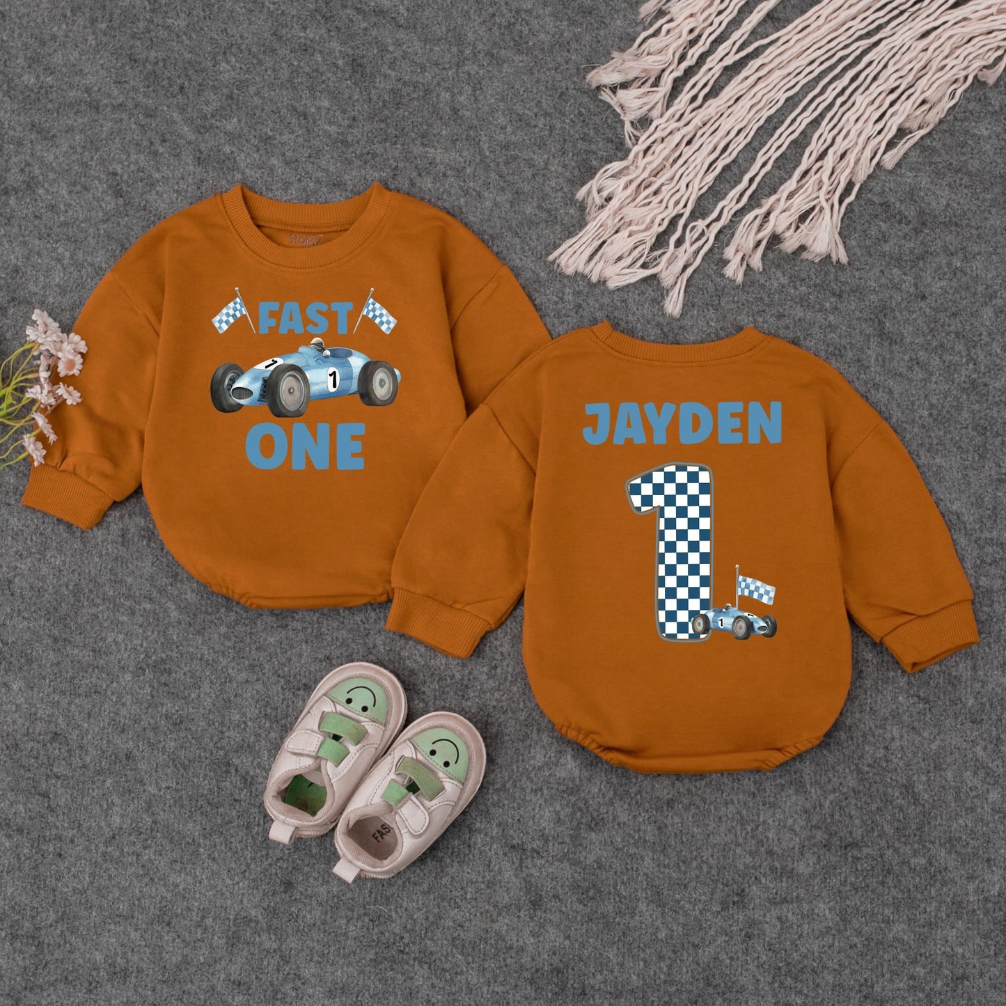 Jayden's Fast One Race Car 1st Birthday Outfit! Custom Name Racing Sweatshirt, Blue & White Checkered First Birthday Party Clothes for a Boy (137 chars)