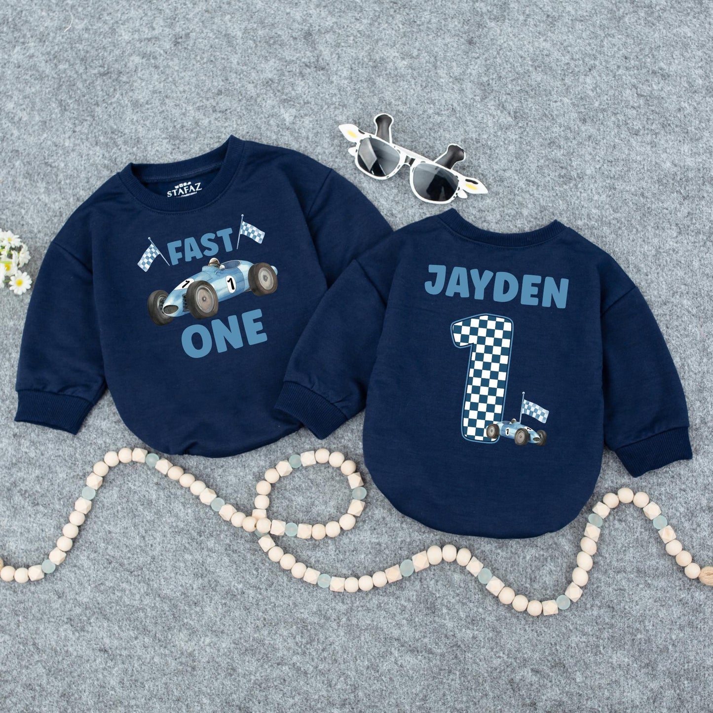 Jayden's Fast One Race Car 1st Birthday Outfit! Custom Name Racing Sweatshirt, Blue & White Checkered First Birthday Party Clothes for a Boy (137 chars)