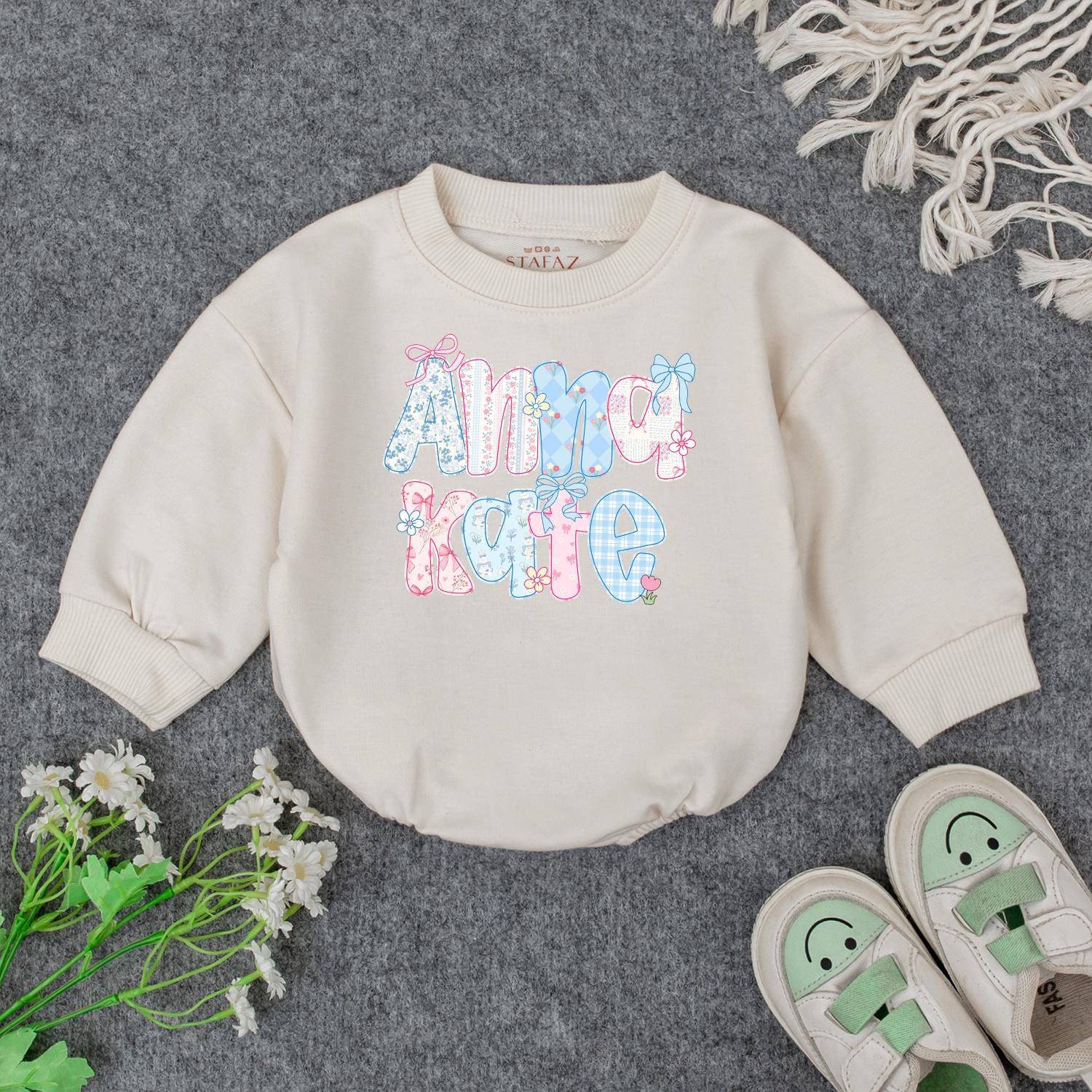 Anna Kate Floral Initial Baby Outfit: Custom Name Sweatshirt Romper, Personalized Birthday Gift Clothes, Cute Pastel Flower Letter Toddler Apparel Girl 139