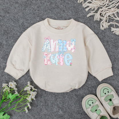 Anna Kate Floral Initial Baby Outfit: Custom Name Sweatshirt Romper, Personalized Birthday Gift Clothes, Cute Pastel Flower Letter Toddler Apparel Girl 139