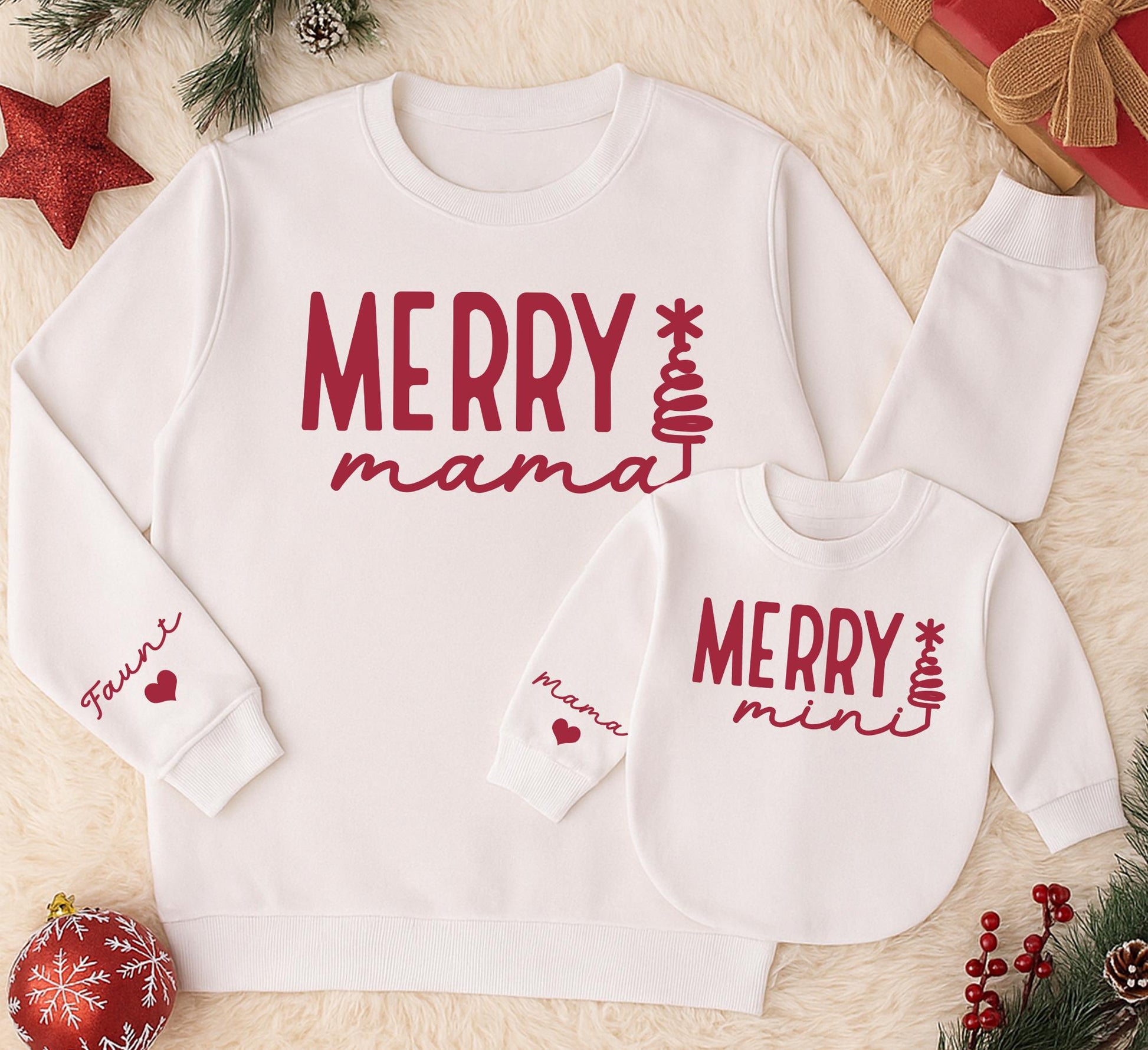 Merry Mama & Mini Matching Sweatshirt Set, Personalized Christmas Family Outfit, Cute Daughter Kid Sweatshirt, Baby Girl Holiday Gift with Name Sleeve Details