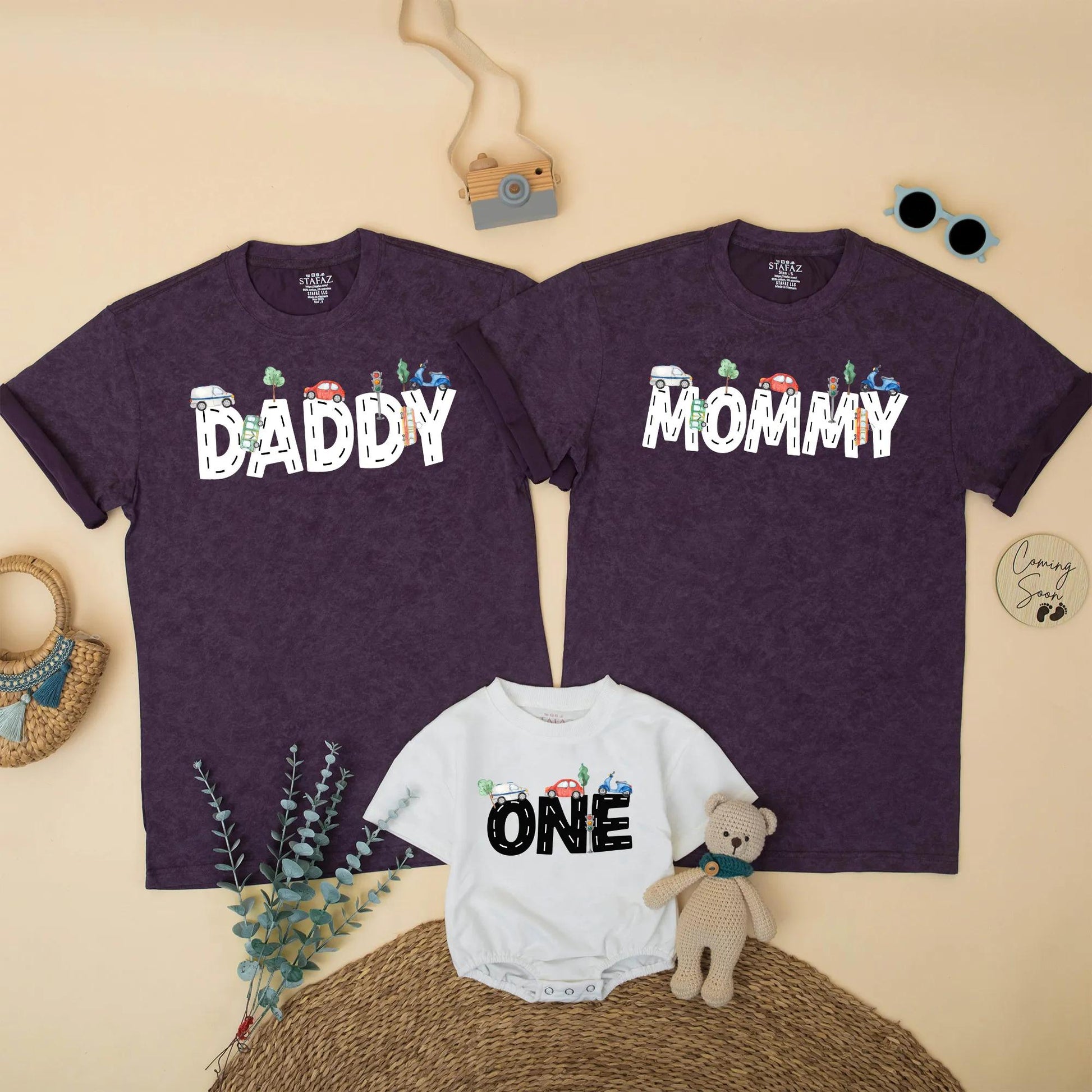 Transportation Birthday Family Matching Shirts Mom Dad Boy, Road Pattern Cars Scooter Design Bright Blue Red Green Whimsical 1st 2nd Birthday Party Gift