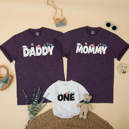 Transportation Birthday Family Matching Shirts Mom Dad Boy, Road Pattern Cars Scooter Design Bright Blue Red Green Whimsical 1st 2nd Birthday Party Gift
