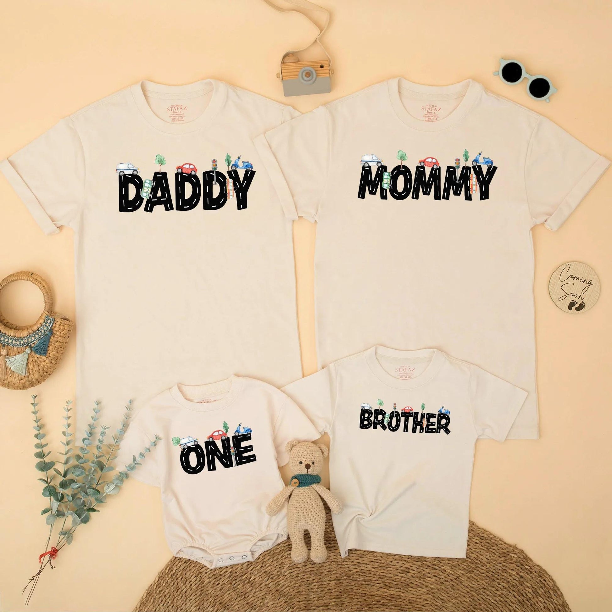 Transportation Birthday Family Matching Shirts Mom Dad Boy, Road Pattern Cars Scooter Design Bright Blue Red Green Whimsical 1st 2nd Birthday Party Gift