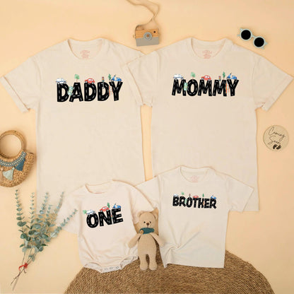 Transportation Birthday Family Matching Shirts Mom Dad Boy, Road Pattern Cars Scooter Design Bright Blue Red Green Whimsical 1st 2nd Birthday Party Gift