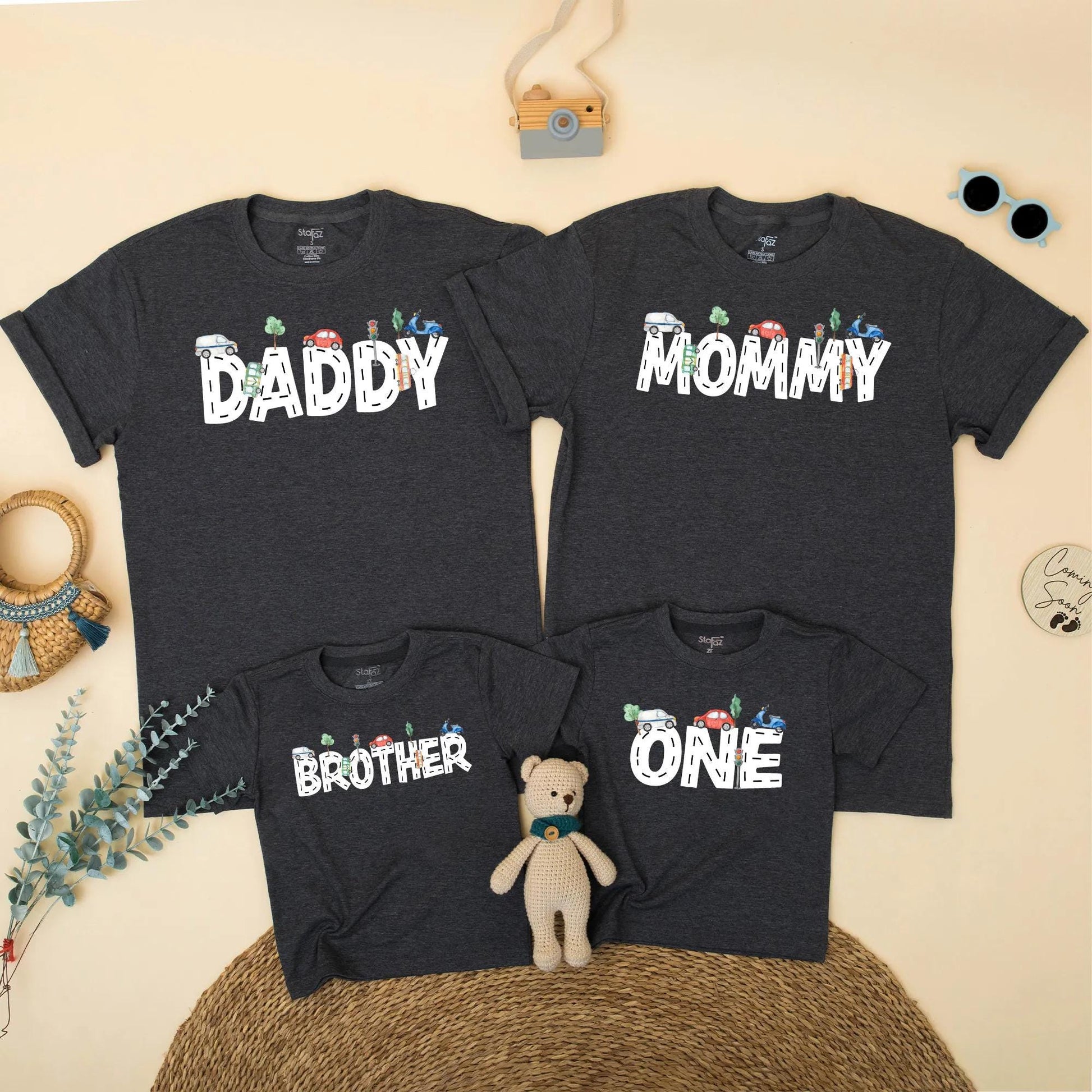Transportation Birthday Family Matching Shirts Mom Dad Boy, Road Pattern Cars Scooter Design Bright Blue Red Green Whimsical 1st 2nd Birthday Party Gift