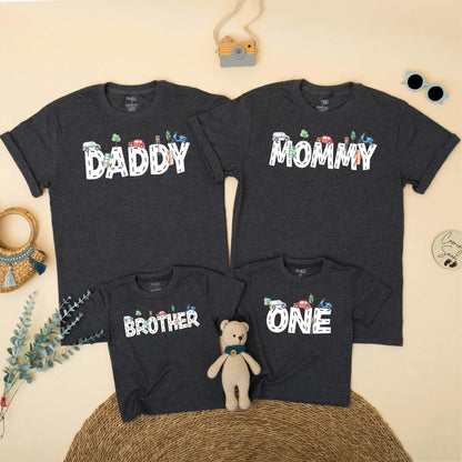 Transportation Birthday Family Matching Shirts Mom Dad Boy, Road Pattern Cars Scooter Design Bright Blue Red Green Whimsical 1st 2nd Birthday Party Gift