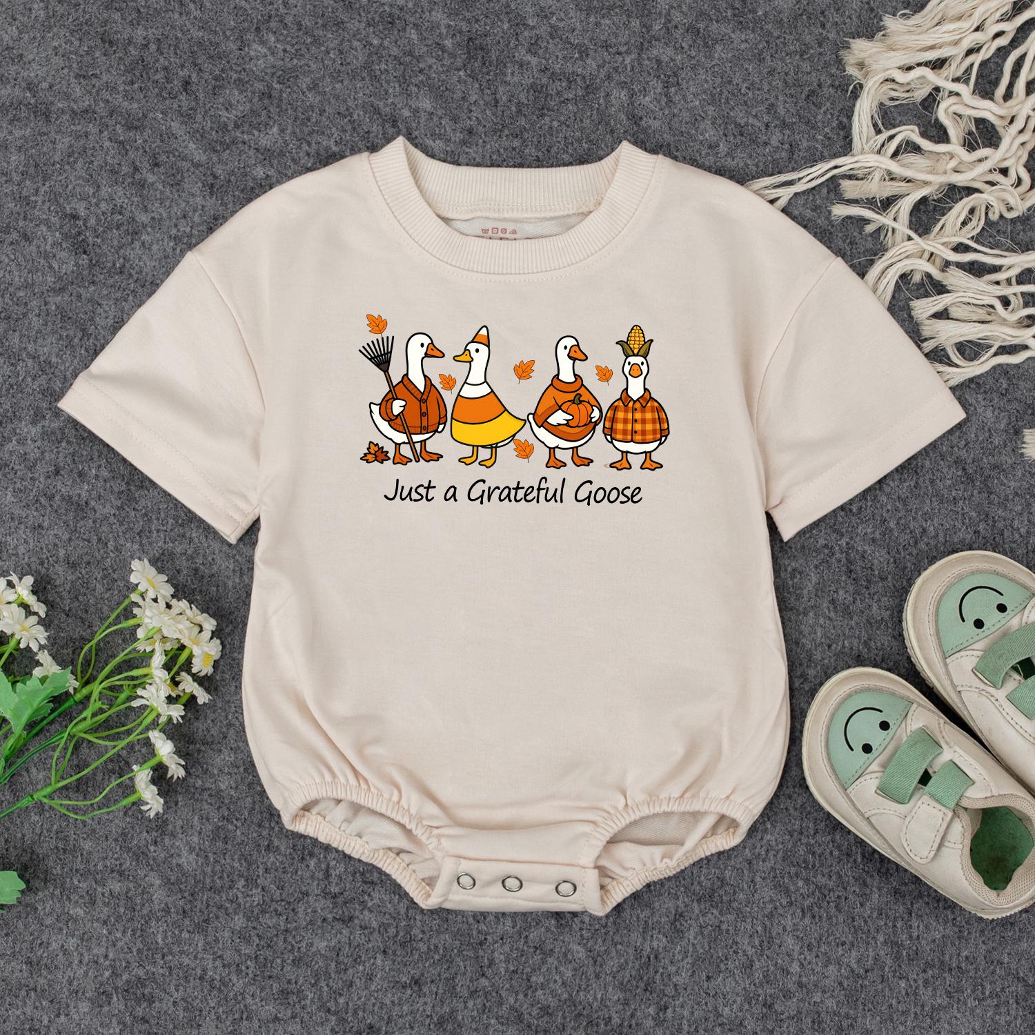 Just a Grateful Goose Baby Sweatshirt Adorable Fall Thanksgiving Toddler Outfit Autumn Geese Kids Clothing Cute Whimsical Pumpkin Design