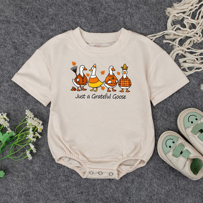 Just a Grateful Goose Baby Sweatshirt Adorable Fall Thanksgiving Toddler Outfit Autumn Geese Kids Clothing Cute Whimsical Pumpkin Design