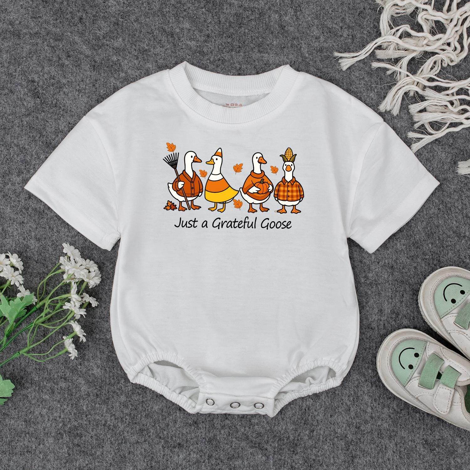 Just a Grateful Goose Baby Sweatshirt Adorable Fall Thanksgiving Toddler Outfit Autumn Geese Kids Clothing Cute Whimsical Pumpkin Design