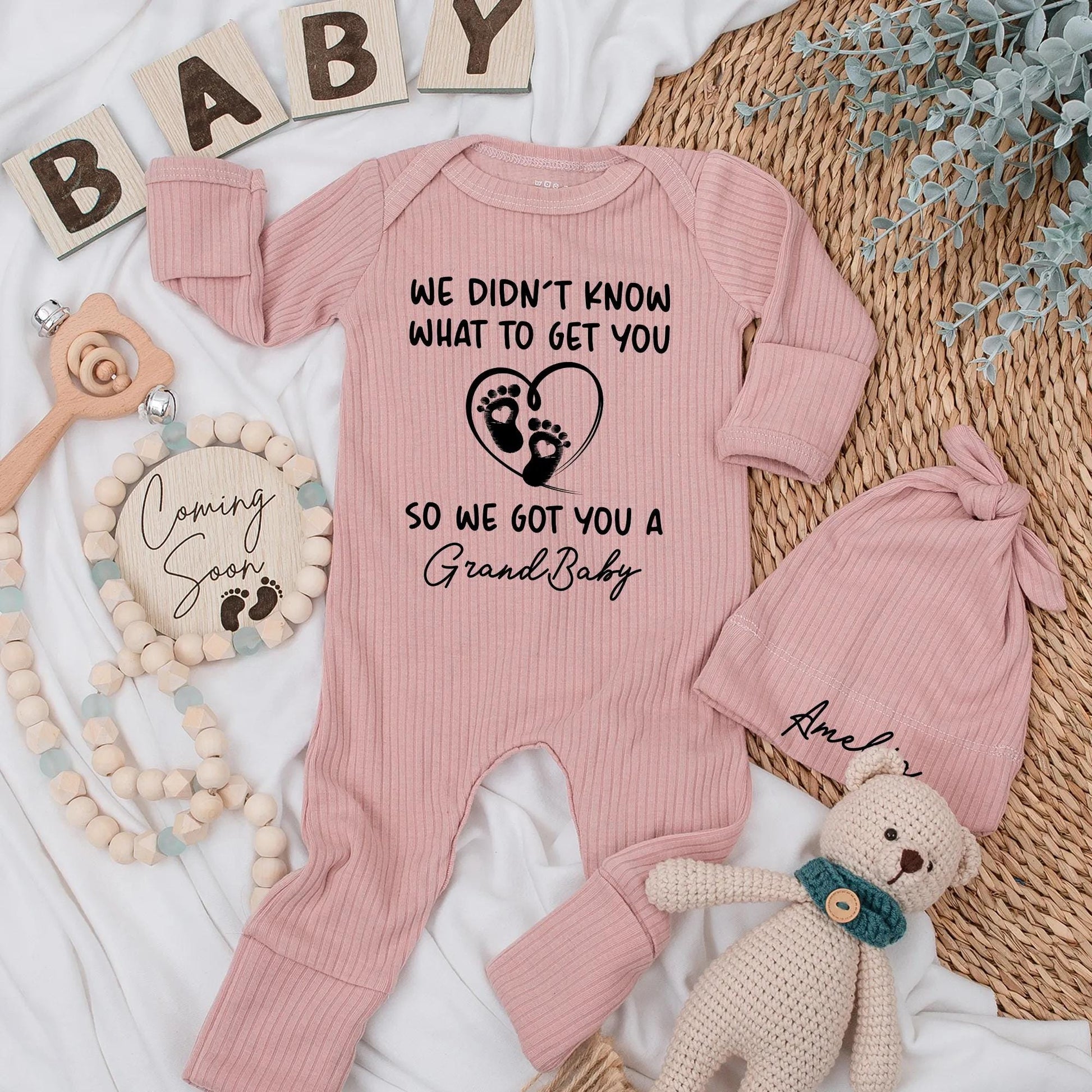 Grandbaby Announcement Baby Bodysuit Funny Gift For Grandparents Newborn Outfit With 'We Didn't Know' Quote Black Ink Footprints Heart Design