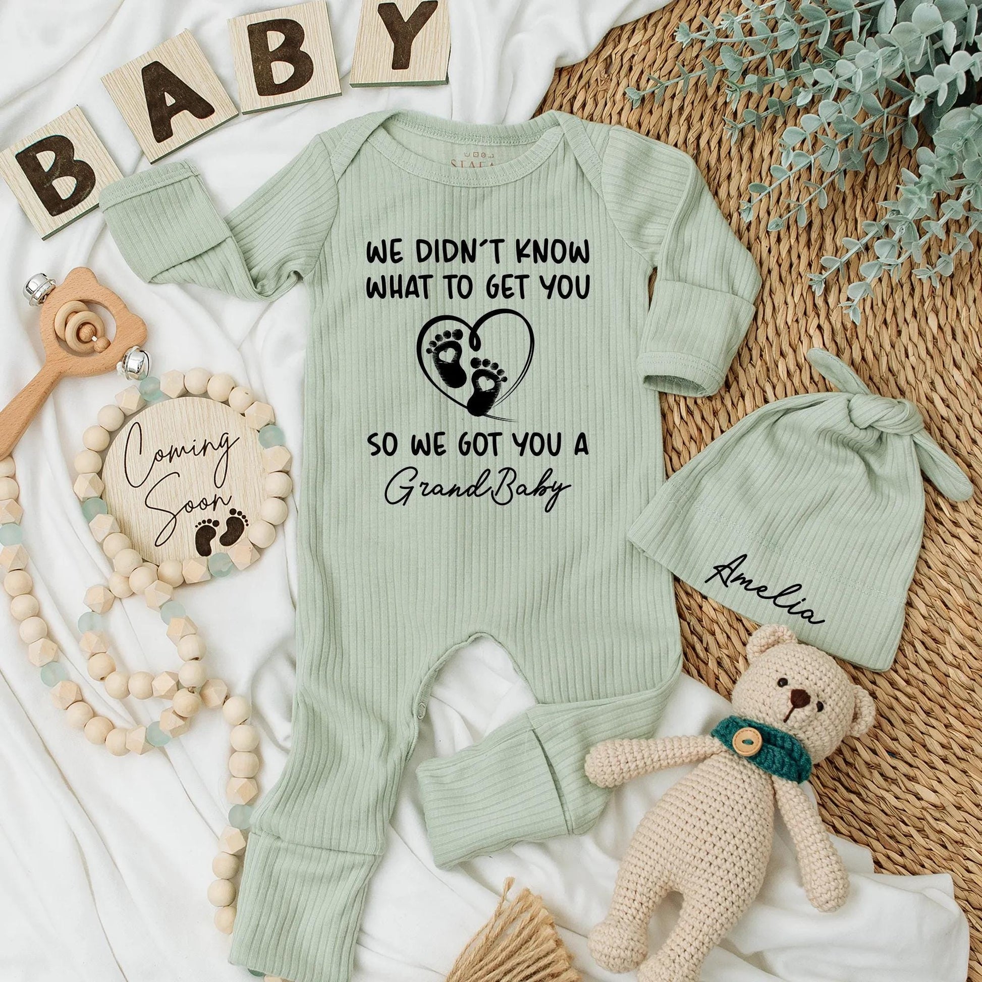 Grandbaby Announcement Baby Bodysuit Funny Gift For Grandparents Newborn Outfit With 'We Didn't Know' Quote Black Ink Footprints Heart Design