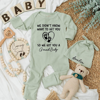 Grandbaby Announcement Baby Bodysuit Funny Gift For Grandparents Newborn Outfit With 'We Didn't Know' Quote Black Ink Footprints Heart Design